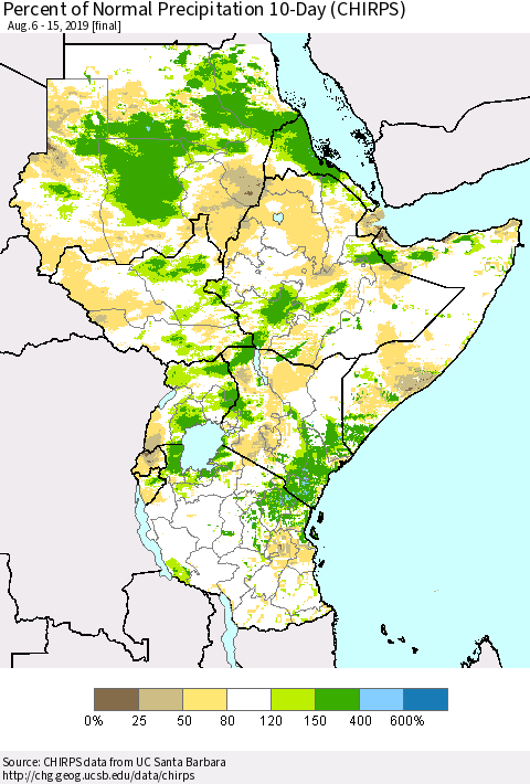 Eastern Africa Percent of Normal Precipitation 10-Day (CHIRPS) Thematic Map For 8/6/2019 - 8/15/2019