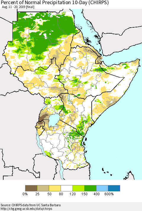 Eastern Africa Percent of Normal Precipitation 10-Day (CHIRPS) Thematic Map For 8/11/2019 - 8/20/2019