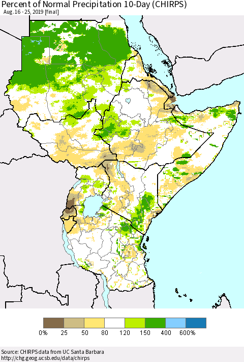 Eastern Africa Percent of Normal Precipitation 10-Day (CHIRPS) Thematic Map For 8/16/2019 - 8/25/2019