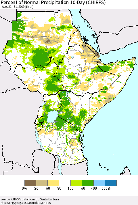 Eastern Africa Percent of Normal Precipitation 10-Day (CHIRPS) Thematic Map For 8/21/2019 - 8/31/2019