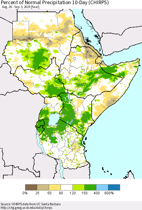 Eastern Africa Percent of Normal Precipitation 10-Day (CHIRPS) Thematic Map For 8/26/2019 - 9/5/2019