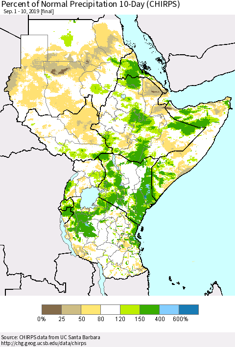 Eastern Africa Percent of Normal Precipitation 10-Day (CHIRPS) Thematic Map For 9/1/2019 - 9/10/2019