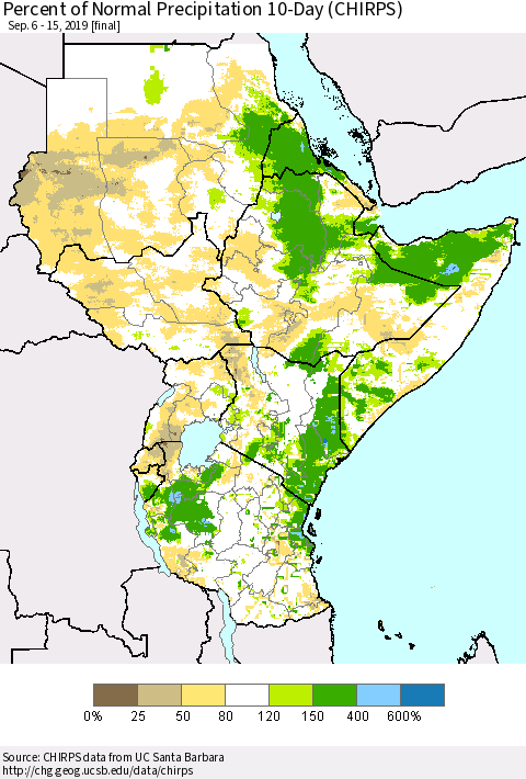 Eastern Africa Percent of Normal Precipitation 10-Day (CHIRPS) Thematic Map For 9/6/2019 - 9/15/2019