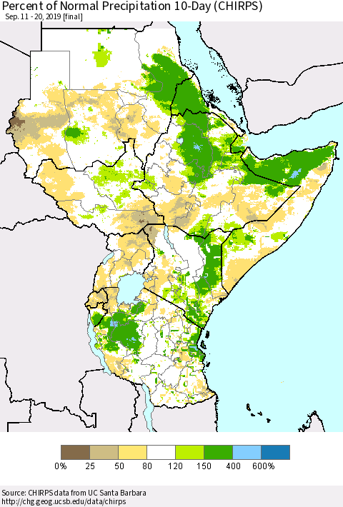 Eastern Africa Percent of Normal Precipitation 10-Day (CHIRPS) Thematic Map For 9/11/2019 - 9/20/2019