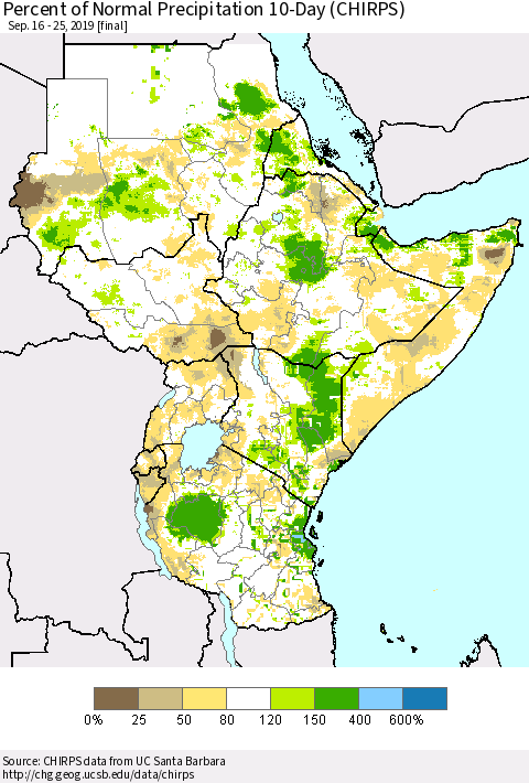 Eastern Africa Percent of Normal Precipitation 10-Day (CHIRPS) Thematic Map For 9/16/2019 - 9/25/2019