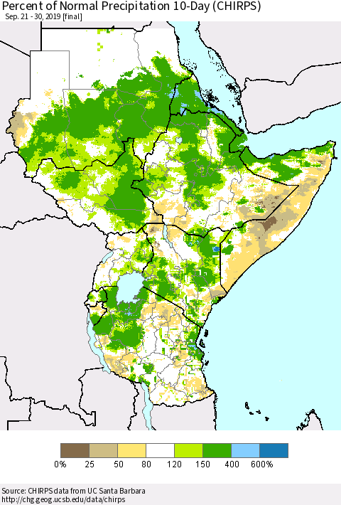 Eastern Africa Percent of Normal Precipitation 10-Day (CHIRPS) Thematic Map For 9/21/2019 - 9/30/2019