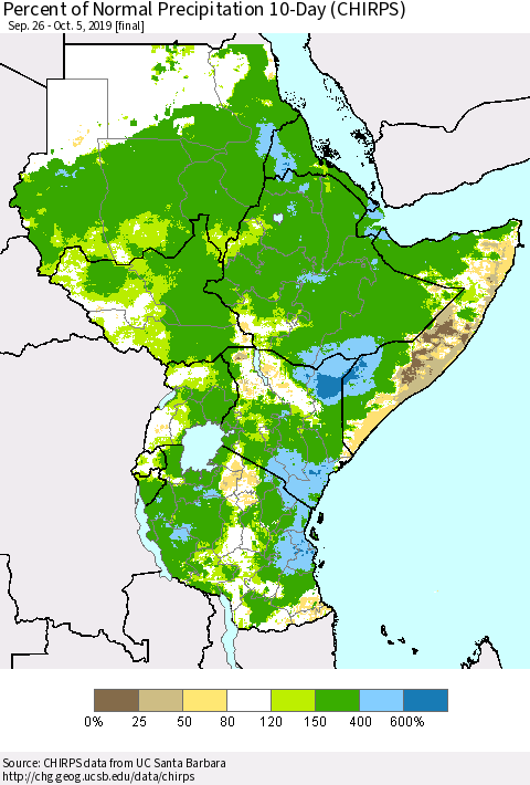 Eastern Africa Percent of Normal Precipitation 10-Day (CHIRPS) Thematic Map For 9/26/2019 - 10/5/2019