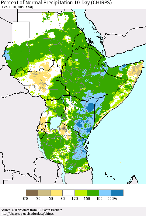 Eastern Africa Percent of Normal Precipitation 10-Day (CHIRPS) Thematic Map For 10/1/2019 - 10/10/2019