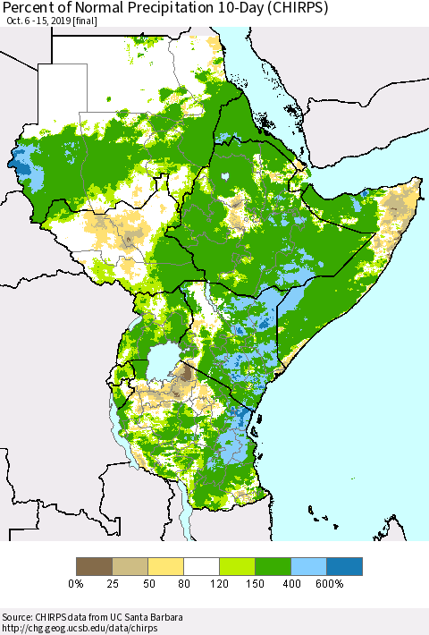 Eastern Africa Percent of Normal Precipitation 10-Day (CHIRPS) Thematic Map For 10/6/2019 - 10/15/2019