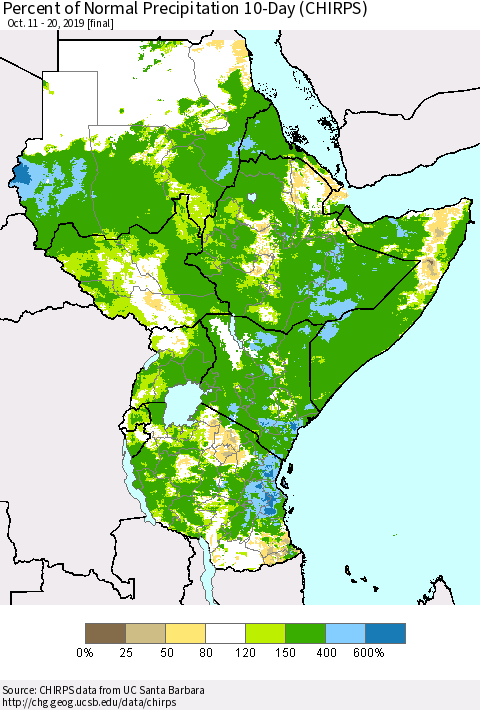 Eastern Africa Percent of Normal Precipitation 10-Day (CHIRPS) Thematic Map For 10/11/2019 - 10/20/2019