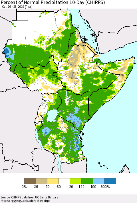 Eastern Africa Percent of Normal Precipitation 10-Day (CHIRPS) Thematic Map For 10/16/2019 - 10/25/2019