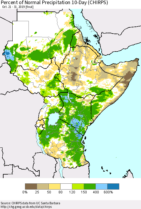 Eastern Africa Percent of Normal Precipitation 10-Day (CHIRPS) Thematic Map For 10/21/2019 - 10/31/2019