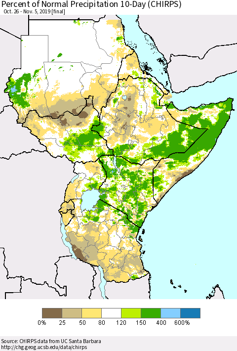 Eastern Africa Percent of Normal Precipitation 10-Day (CHIRPS) Thematic Map For 10/26/2019 - 11/5/2019