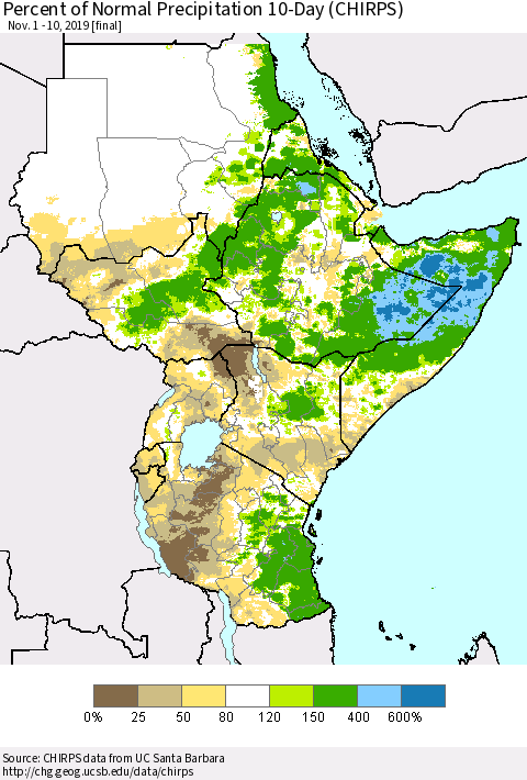 Eastern Africa Percent of Normal Precipitation 10-Day (CHIRPS) Thematic Map For 11/1/2019 - 11/10/2019