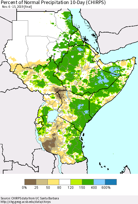 Eastern Africa Percent of Normal Precipitation 10-Day (CHIRPS) Thematic Map For 11/6/2019 - 11/15/2019