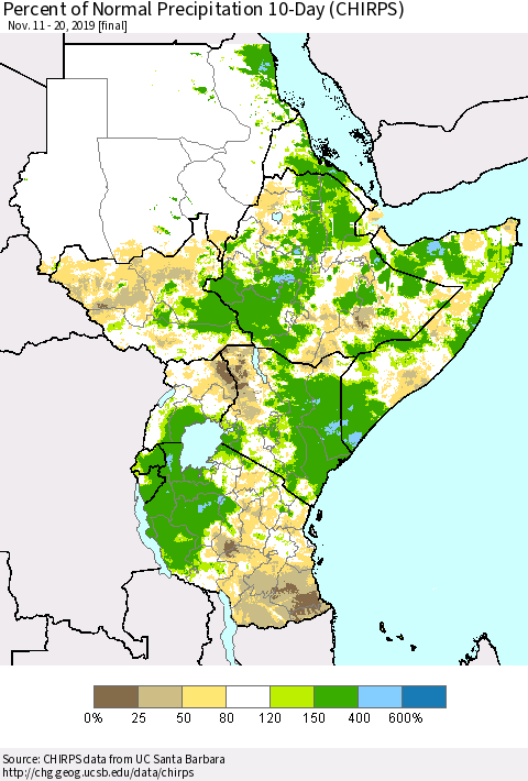 Eastern Africa Percent of Normal Precipitation 10-Day (CHIRPS) Thematic Map For 11/11/2019 - 11/20/2019
