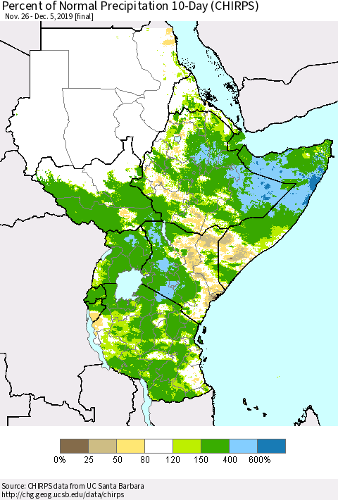 Eastern Africa Percent of Normal Precipitation 10-Day (CHIRPS) Thematic Map For 11/26/2019 - 12/5/2019