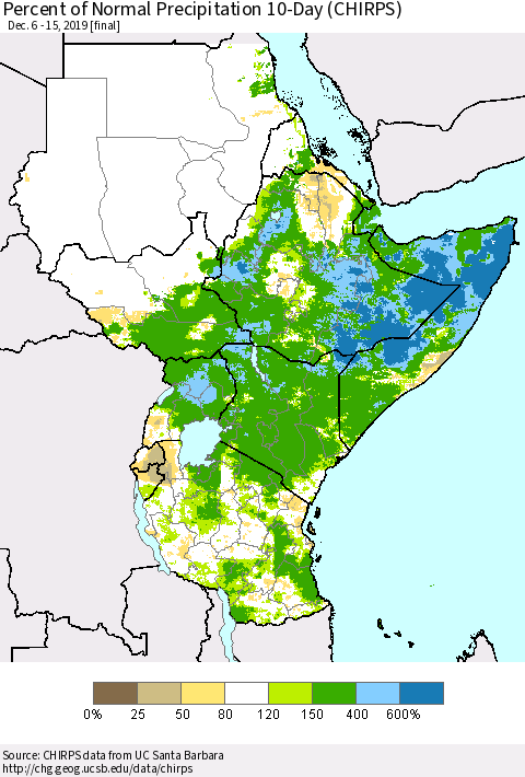Eastern Africa Percent of Normal Precipitation 10-Day (CHIRPS) Thematic Map For 12/6/2019 - 12/15/2019