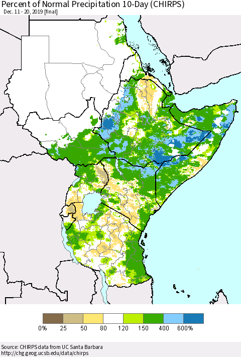 Eastern Africa Percent of Normal Precipitation 10-Day (CHIRPS) Thematic Map For 12/11/2019 - 12/20/2019