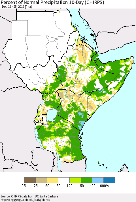 Eastern Africa Percent of Normal Precipitation 10-Day (CHIRPS) Thematic Map For 12/16/2019 - 12/25/2019