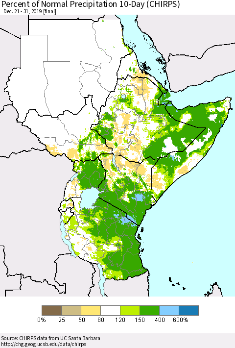 Eastern Africa Percent of Normal Precipitation 10-Day (CHIRPS) Thematic Map For 12/21/2019 - 12/31/2019