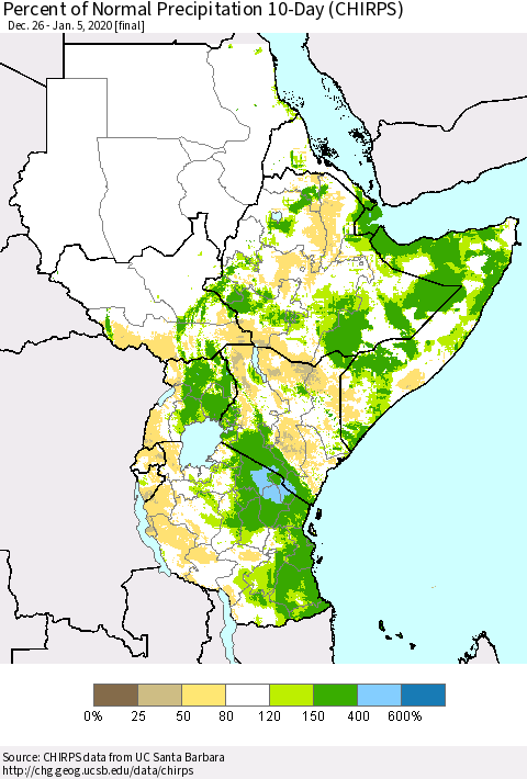 Eastern Africa Percent of Normal Precipitation 10-Day (CHIRPS) Thematic Map For 12/26/2019 - 1/5/2020