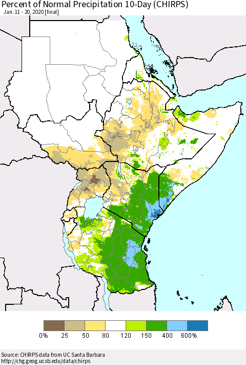 Eastern Africa Percent of Normal Precipitation 10-Day (CHIRPS) Thematic Map For 1/11/2020 - 1/20/2020