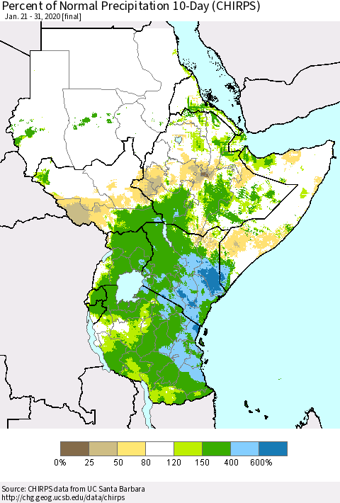 Eastern Africa Percent of Normal Precipitation 10-Day (CHIRPS) Thematic Map For 1/21/2020 - 1/31/2020