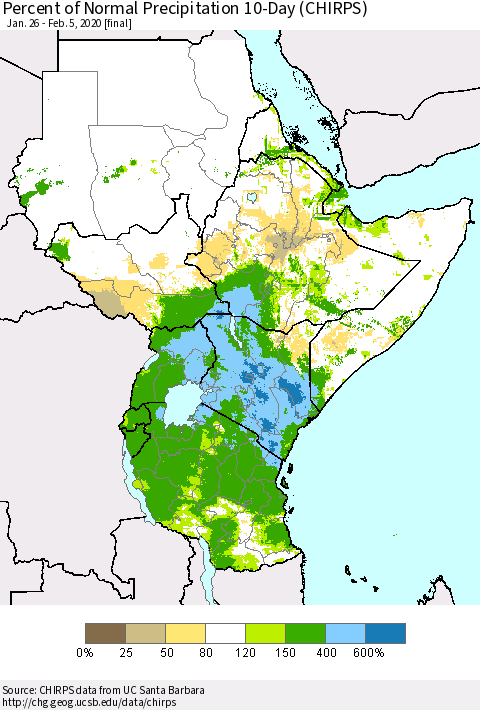 Eastern Africa Percent of Normal Precipitation 10-Day (CHIRPS) Thematic Map For 1/26/2020 - 2/5/2020