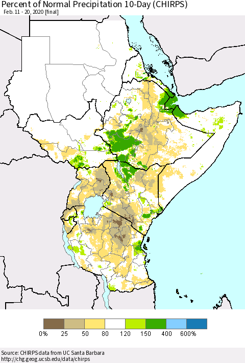 Eastern Africa Percent of Normal Precipitation 10-Day (CHIRPS) Thematic Map For 2/11/2020 - 2/20/2020