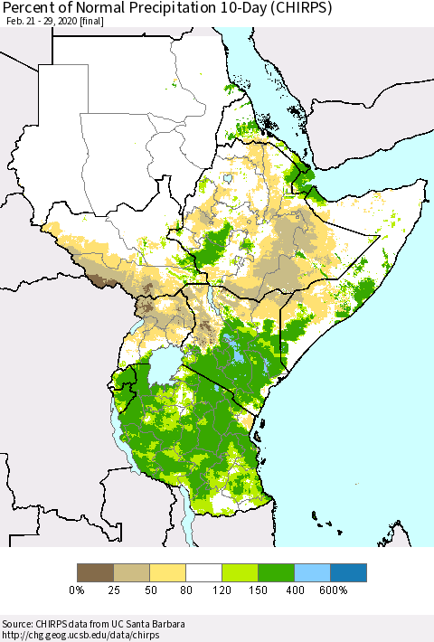 Eastern Africa Percent of Normal Precipitation 10-Day (CHIRPS) Thematic Map For 2/21/2020 - 2/29/2020