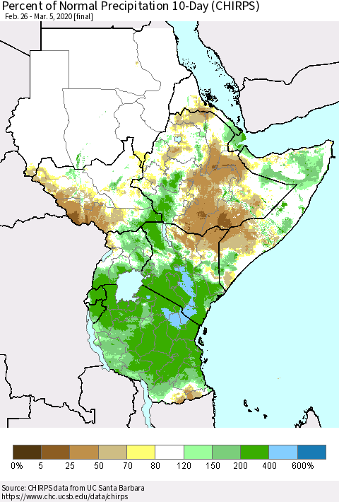 Eastern Africa Percent of Normal Precipitation 10-Day (CHIRPS) Thematic Map For 2/26/2020 - 3/5/2020