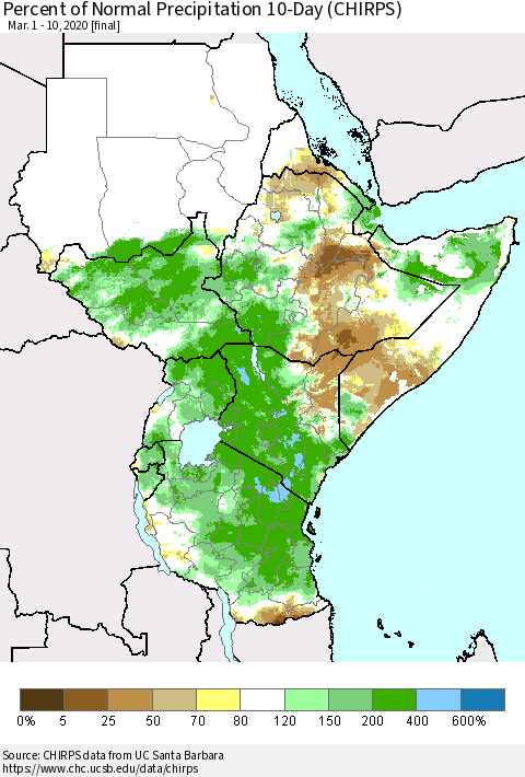 Eastern Africa Percent of Normal Precipitation 10-Day (CHIRPS) Thematic Map For 3/1/2020 - 3/10/2020