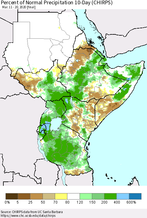 Eastern Africa Percent of Normal Precipitation 10-Day (CHIRPS) Thematic Map For 3/11/2020 - 3/20/2020