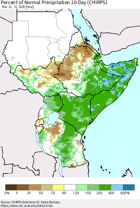 Eastern Africa Percent of Normal Precipitation 10-Day (CHIRPS) Thematic Map For 3/21/2020 - 3/31/2020
