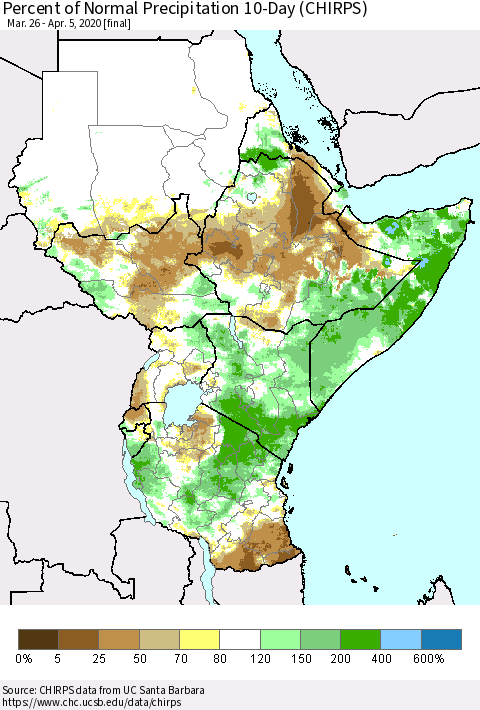 Eastern Africa Percent of Normal Precipitation 10-Day (CHIRPS) Thematic Map For 3/26/2020 - 4/5/2020