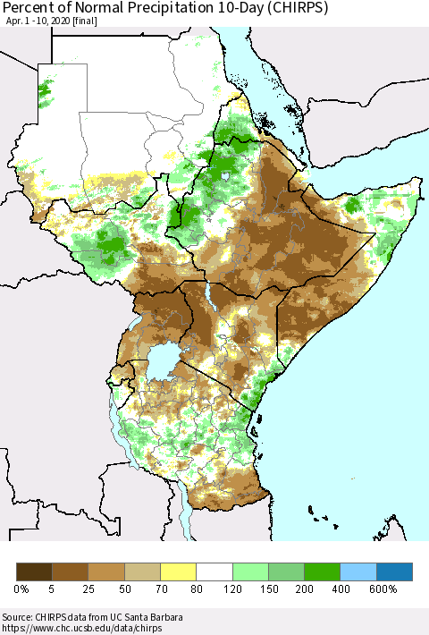Eastern Africa Percent of Normal Precipitation 10-Day (CHIRPS) Thematic Map For 4/1/2020 - 4/10/2020