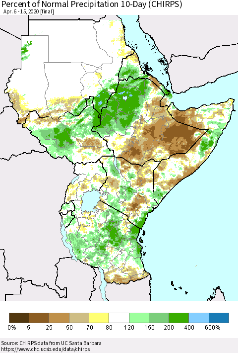 Eastern Africa Percent of Normal Precipitation 10-Day (CHIRPS) Thematic Map For 4/6/2020 - 4/15/2020