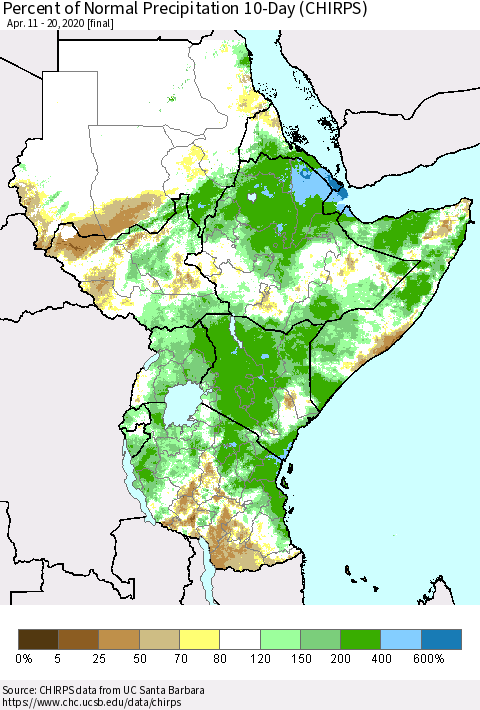 Eastern Africa Percent of Normal Precipitation 10-Day (CHIRPS) Thematic Map For 4/11/2020 - 4/20/2020