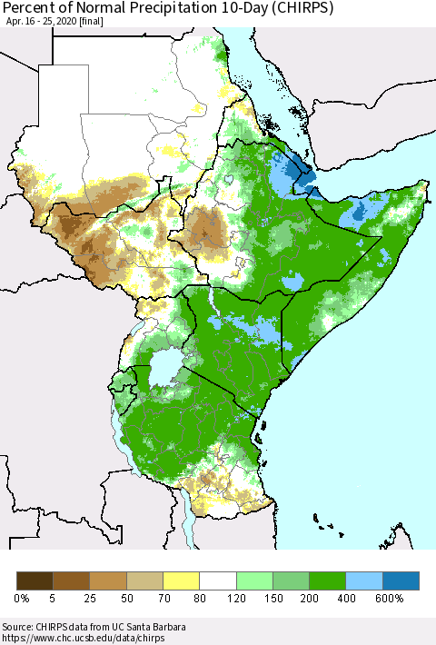Eastern Africa Percent of Normal Precipitation 10-Day (CHIRPS) Thematic Map For 4/16/2020 - 4/25/2020