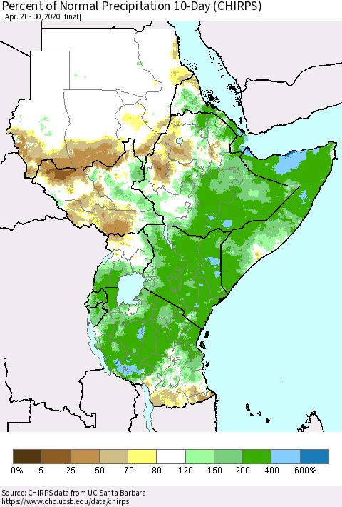 Eastern Africa Percent of Normal Precipitation 10-Day (CHIRPS) Thematic Map For 4/21/2020 - 4/30/2020