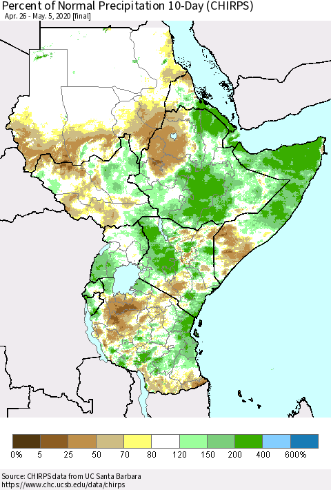 Eastern Africa Percent of Normal Precipitation 10-Day (CHIRPS) Thematic Map For 4/26/2020 - 5/5/2020