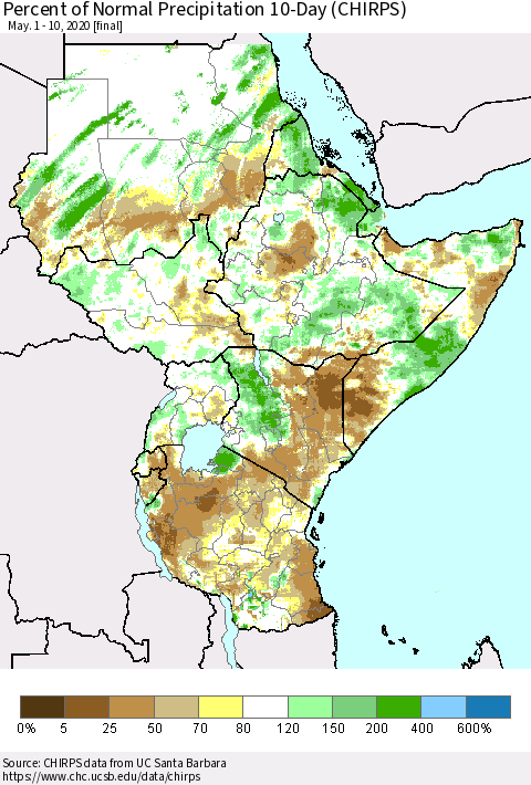 Eastern Africa Percent of Normal Precipitation 10-Day (CHIRPS) Thematic Map For 5/1/2020 - 5/10/2020