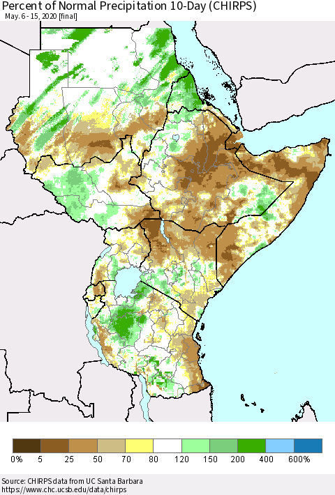 Eastern Africa Percent of Normal Precipitation 10-Day (CHIRPS) Thematic Map For 5/6/2020 - 5/15/2020