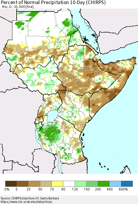 Eastern Africa Percent of Normal Precipitation 10-Day (CHIRPS) Thematic Map For 5/11/2020 - 5/20/2020