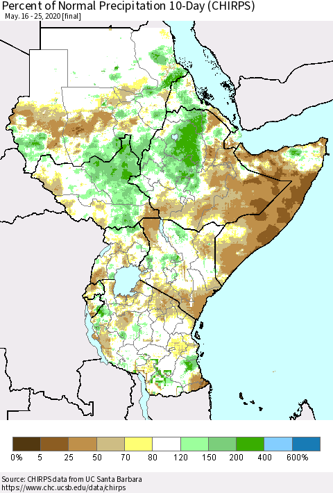 Eastern Africa Percent of Normal Precipitation 10-Day (CHIRPS) Thematic Map For 5/16/2020 - 5/25/2020