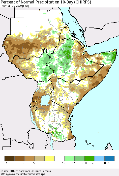 Eastern Africa Percent of Normal Precipitation 10-Day (CHIRPS) Thematic Map For 5/21/2020 - 5/31/2020