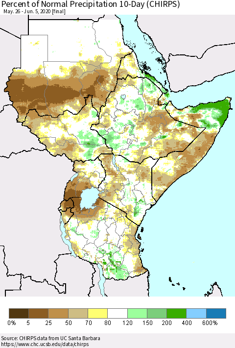 Eastern Africa Percent of Normal Precipitation 10-Day (CHIRPS) Thematic Map For 5/26/2020 - 6/5/2020