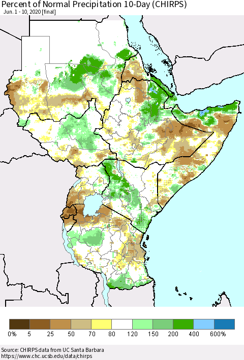 Eastern Africa Percent of Normal Precipitation 10-Day (CHIRPS) Thematic Map For 6/1/2020 - 6/10/2020