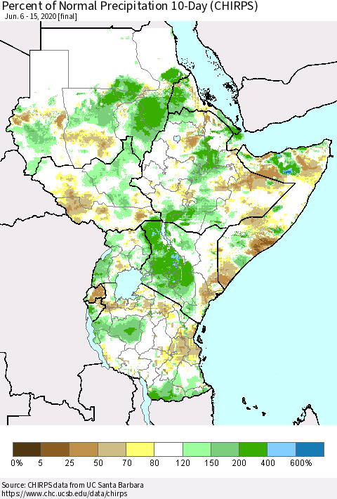 Eastern Africa Percent of Normal Precipitation 10-Day (CHIRPS) Thematic Map For 6/6/2020 - 6/15/2020